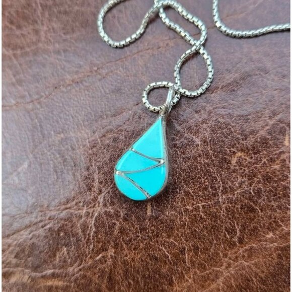 Double Sided Zuni Fish Scale Inlay Silver Pendant Turquoise & Mother of Pearl - Picture 3 of 9